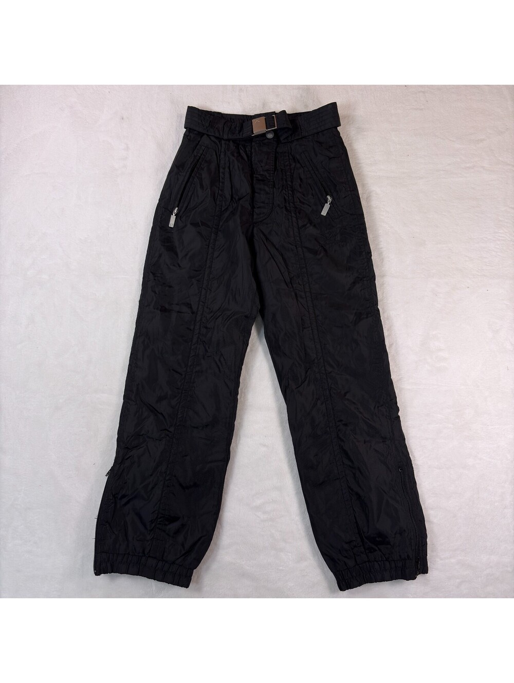 Made In Motion Vintage 90's Black Nylon Ski Snow Pants Insulated Belted Size 38